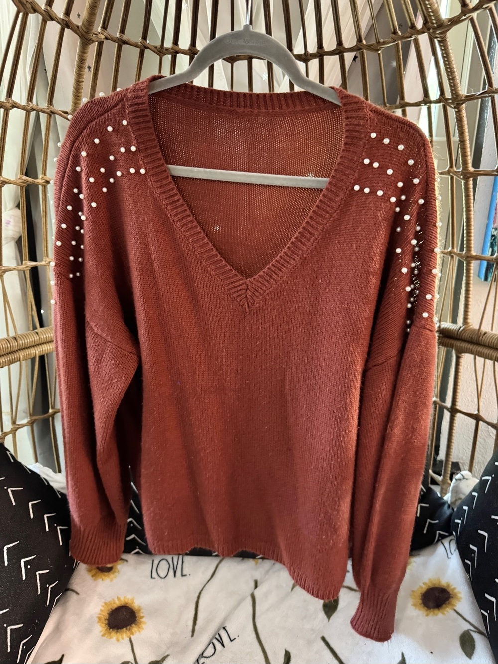 SHEIN Rust V-Neck Pearl Accent Sweater